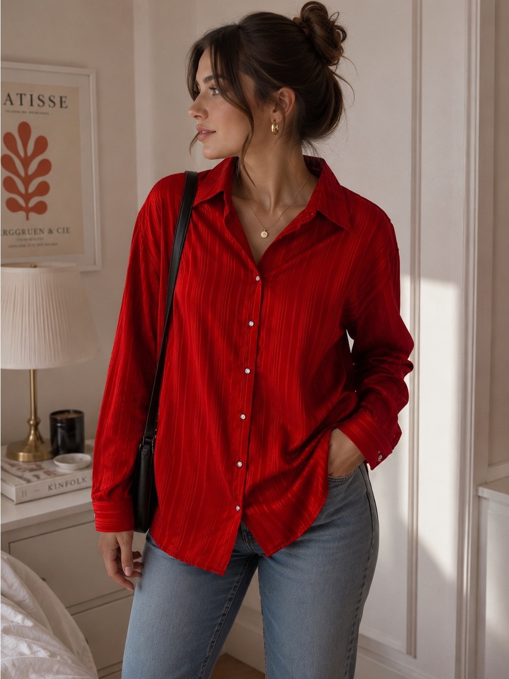 Allison Daley Red Satin Stripe Button-Up Blouse | Size 12